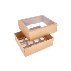 Cupcake-ask i två delar för 12 cupcakes med PVC-fönster och specialtillverkad insats 300x250x100 mm Brun (10-pack)