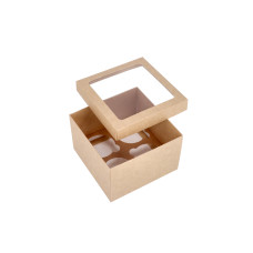Cupcake-ask i två delar för 4 cupcakes med PVC-fönster och specialtillverkad insats 150x150x100 mm Brun (10-pack)