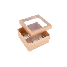 Cupcake-ask i två delar för 6 cupcakes med PVC-fönster och specialtillverkad insats 210x210x100 mm Brun (10-pack)